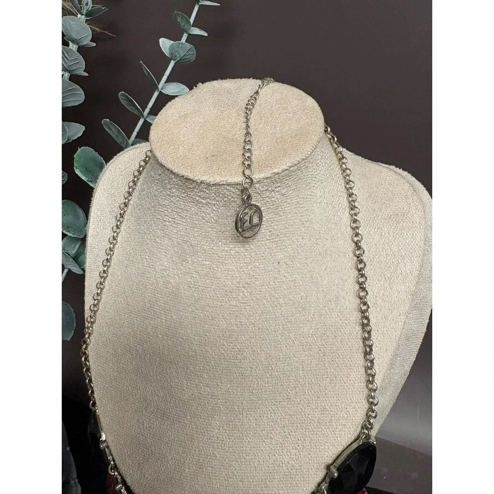 Erica Lyons Statement Necklace | Black +‎ Red Marbled Acrylic | Silver 20
